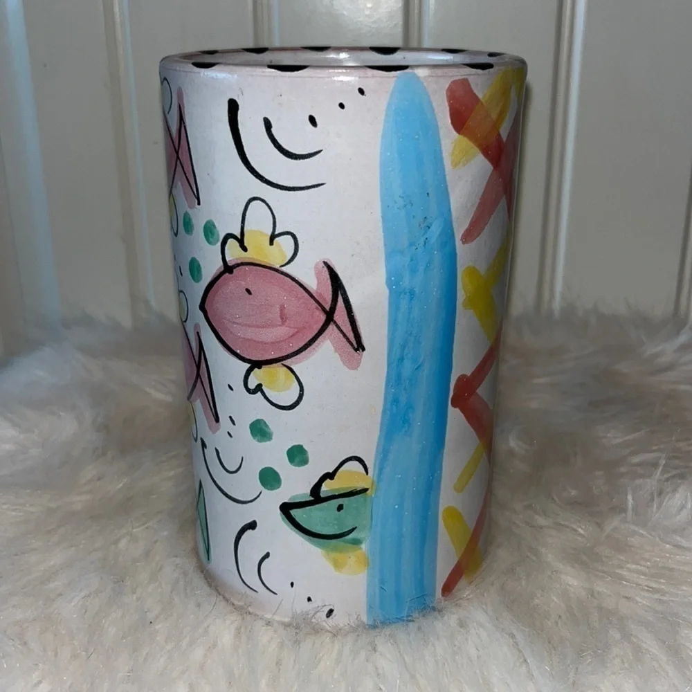 ART pottery signed pastel fish vase lake house/beach house decor whimsical
